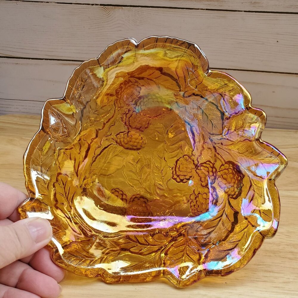 MCM Indiana Glass Loganberry Design Carnival Glass Dish Bowl Amber Iridescent